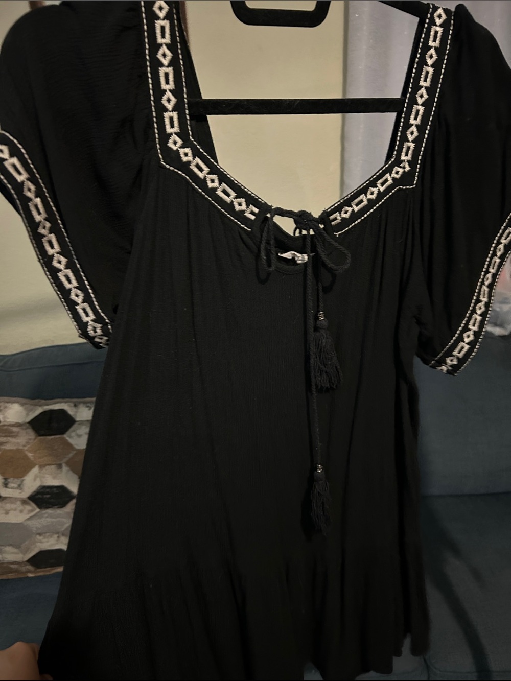 Black Embroidered Peasant Blouse - Women's Top